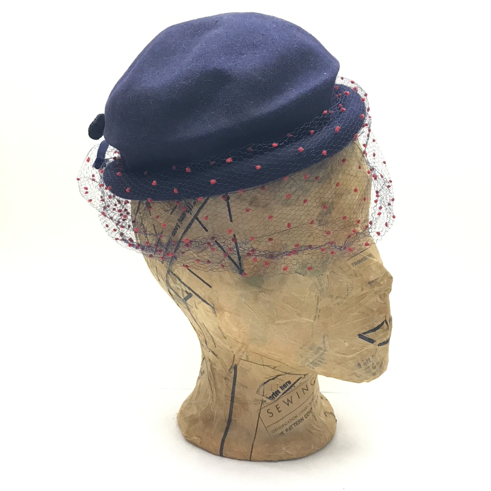 Vintage Holt Renfrew Navy Blue Fascinator Hat with Red Polka Dot Veil
